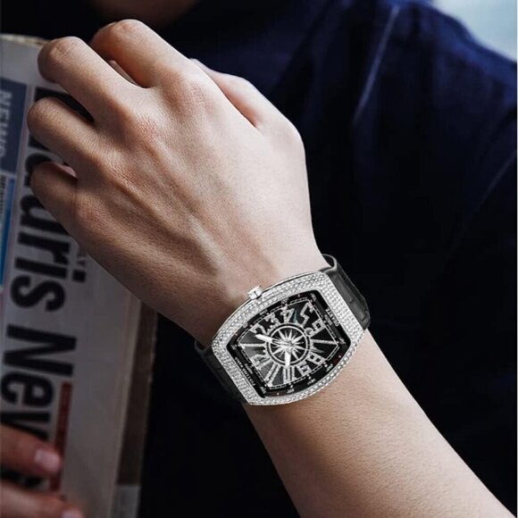 ✨ Fanmis Watches Men Black Skull Big Face Rectangle Punk Diamond Wrist Watch - Picture 2 of 6